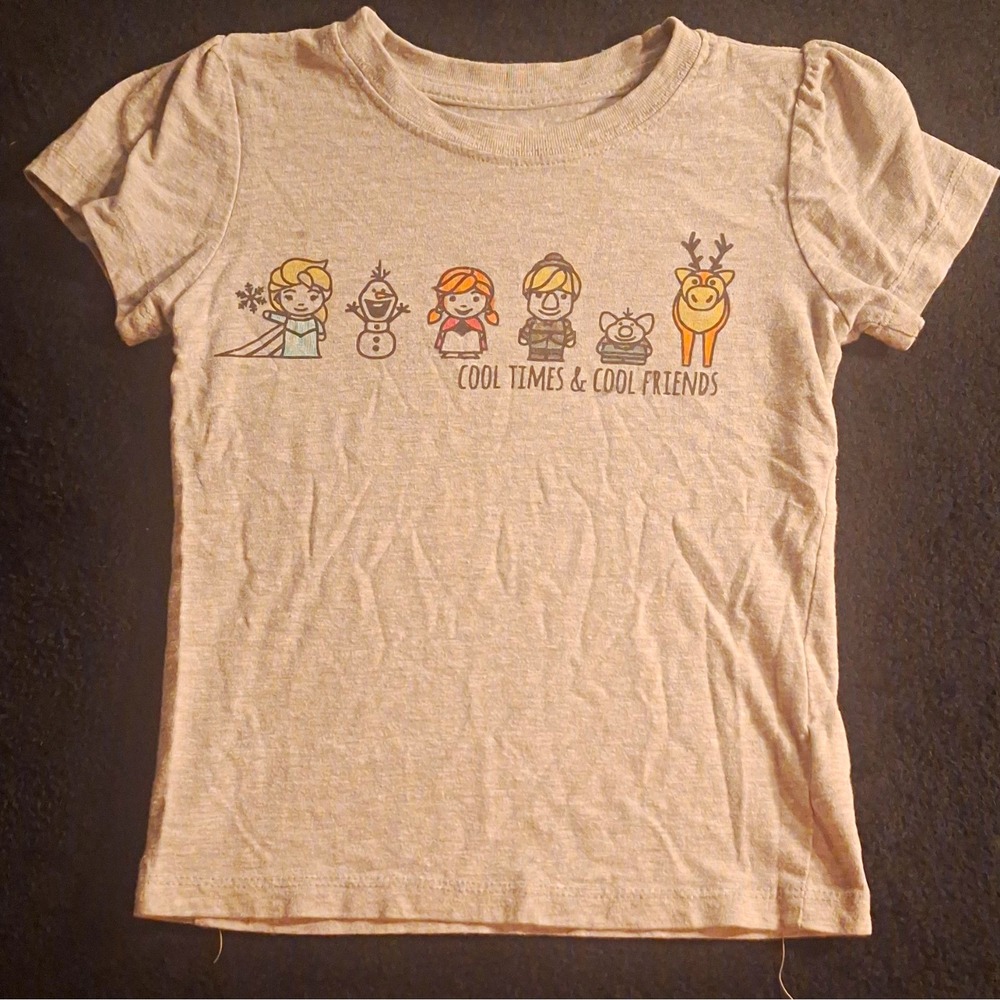 Disney Frozen Girls 4T Gray Short Sleeve Graphic Tee Ruffle Elsa Anna Olaf